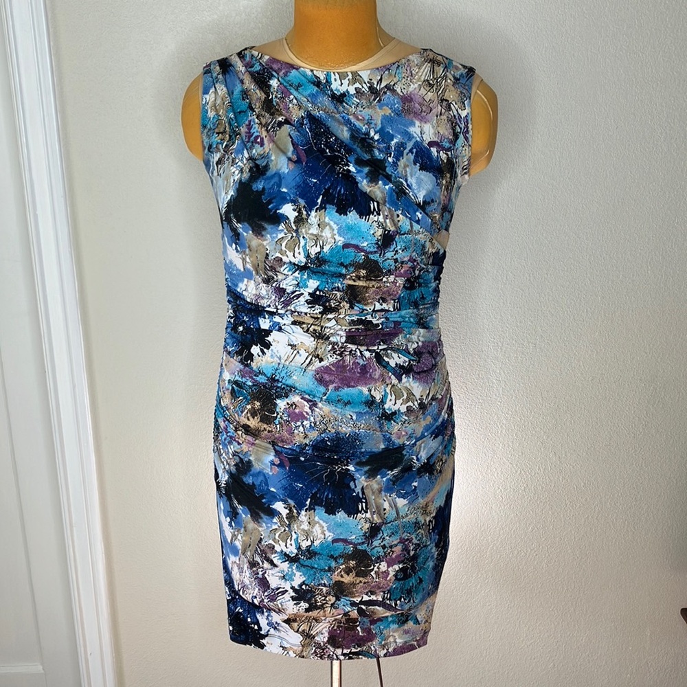Abstract Multicolor Dress with Ruched Sides